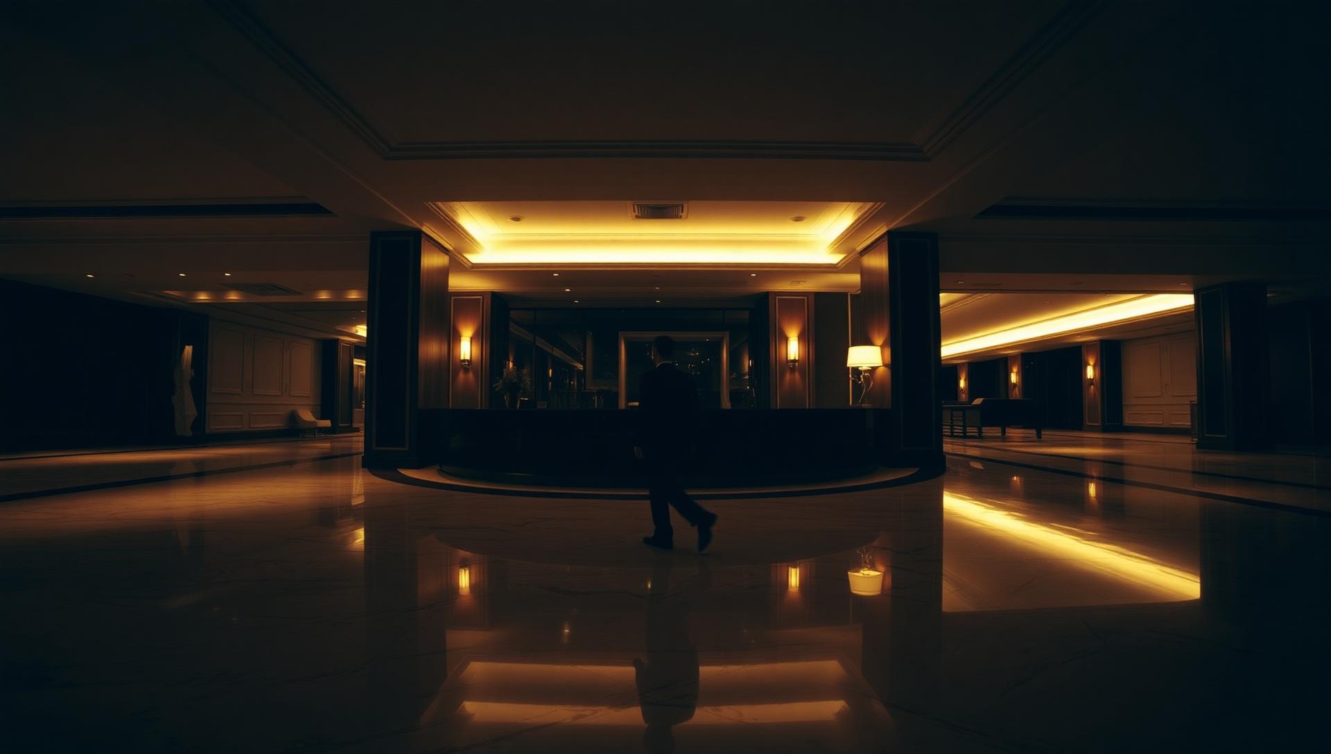 A grand lobby at dusk